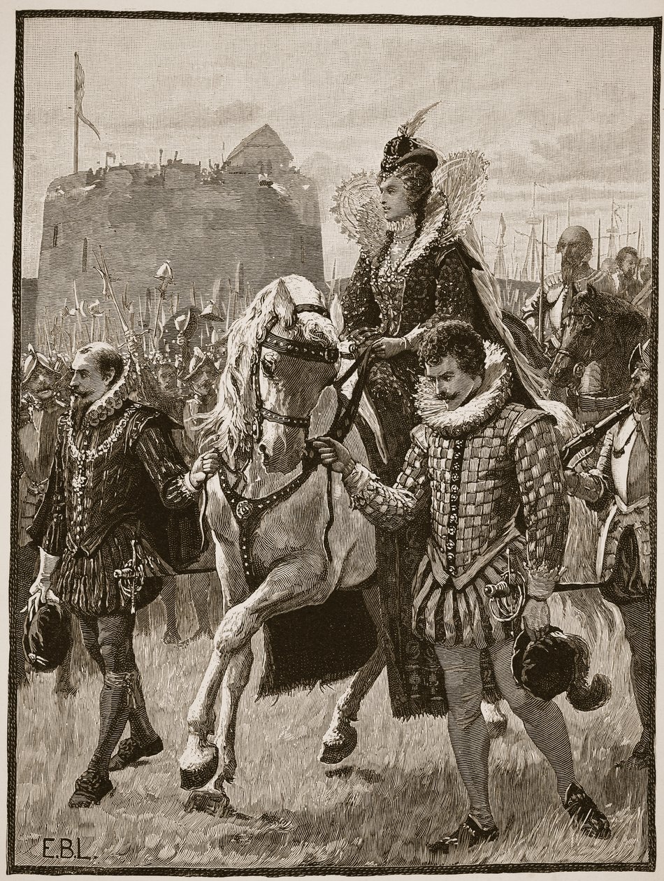 Koningin Elizabeth bij Tilbury, illustratie uit Cassells Geïllustreerde Geschiedenis van Engeland door English School