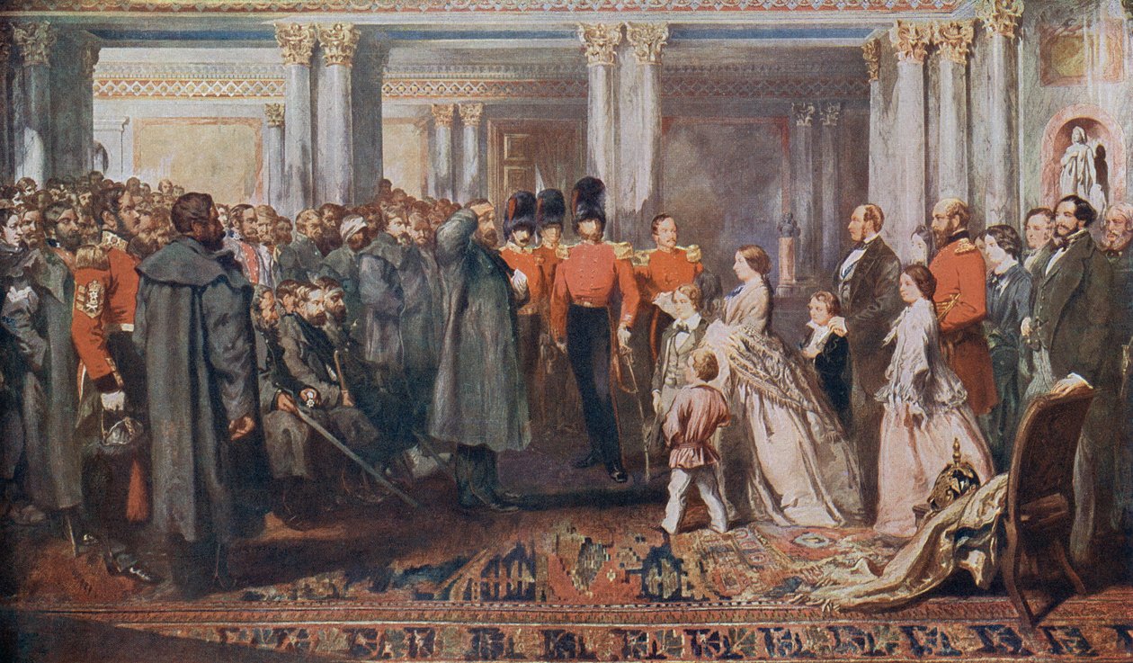 Koningin Victoria ontvangt Krimoorlogsveteranen in audiëntie door English School