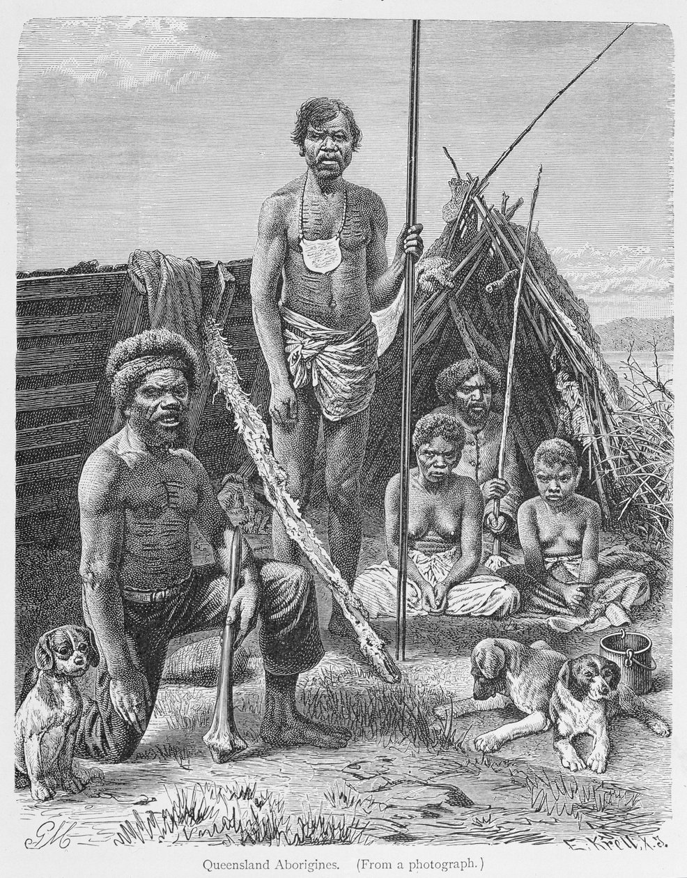 Aboriginals uit Queensland, gegraveerd van een foto door E. Krell, uit 