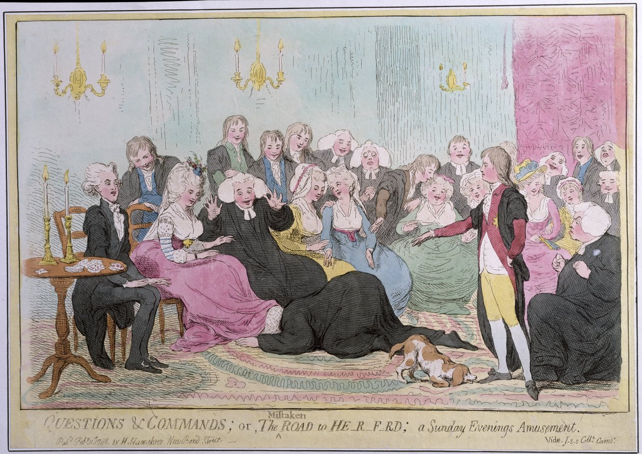 Vragen en bevelen, of de verkeerde weg naar H-r-f-rd: een zondagavond amusement, uitgegeven door Hannah Humphrey in 1788 door English School