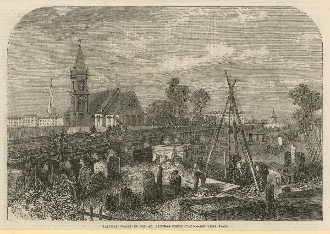 Spoorwegwerken in Old St Pancras Churchyard (gravure) door English School