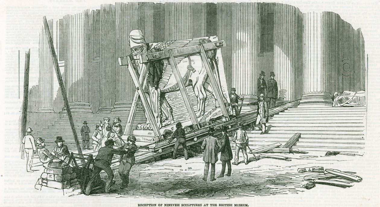 Ontvangst van de beelden van Nineveh in het British Museum (gravure) door English School