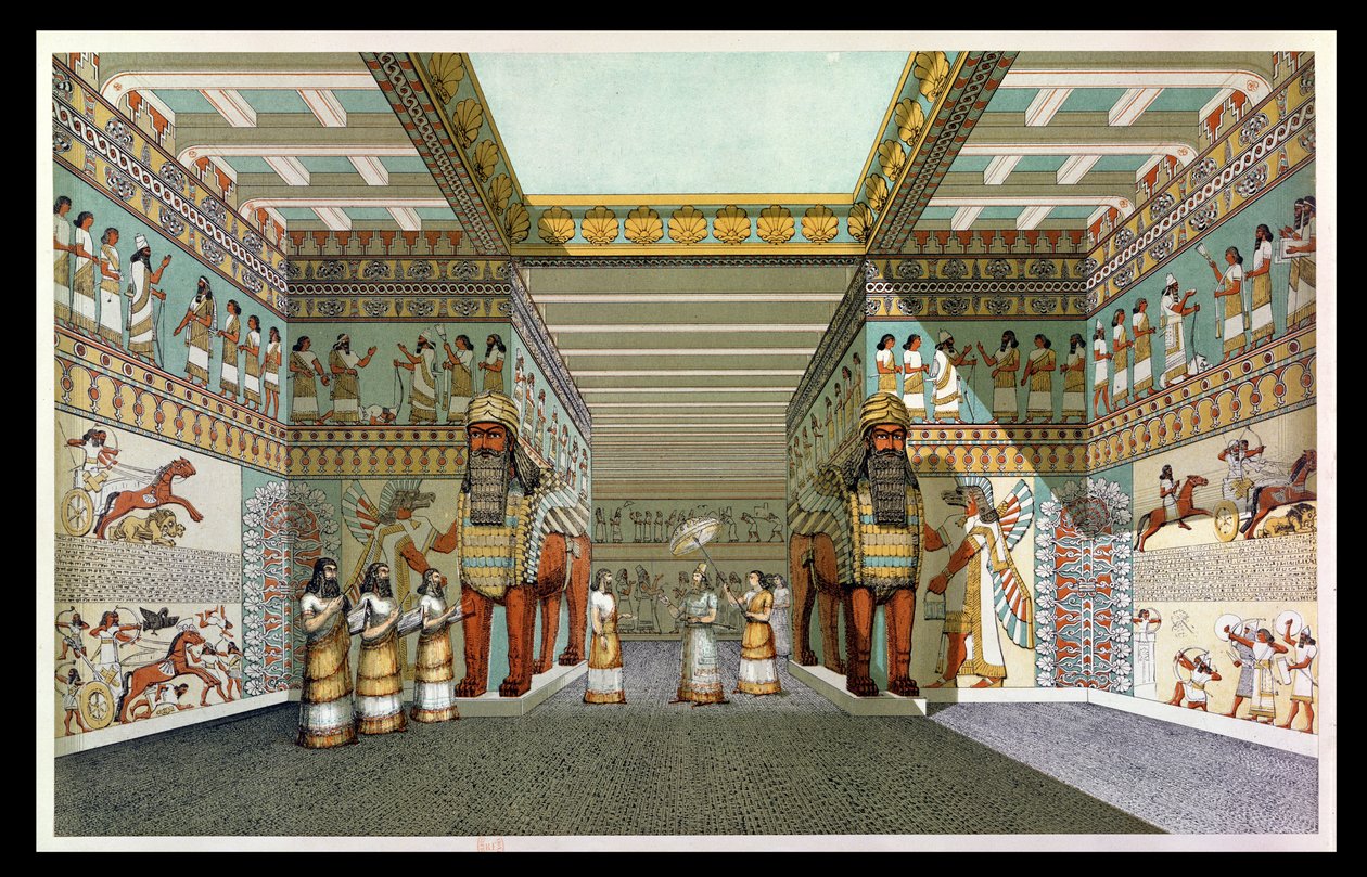 Reconstructie van de hal van een Assyrisch paleis, uit Ontdekkingen in de Ruïnes van Nineveh en Babylon door Austen Henry Layard (1817-94) door English School