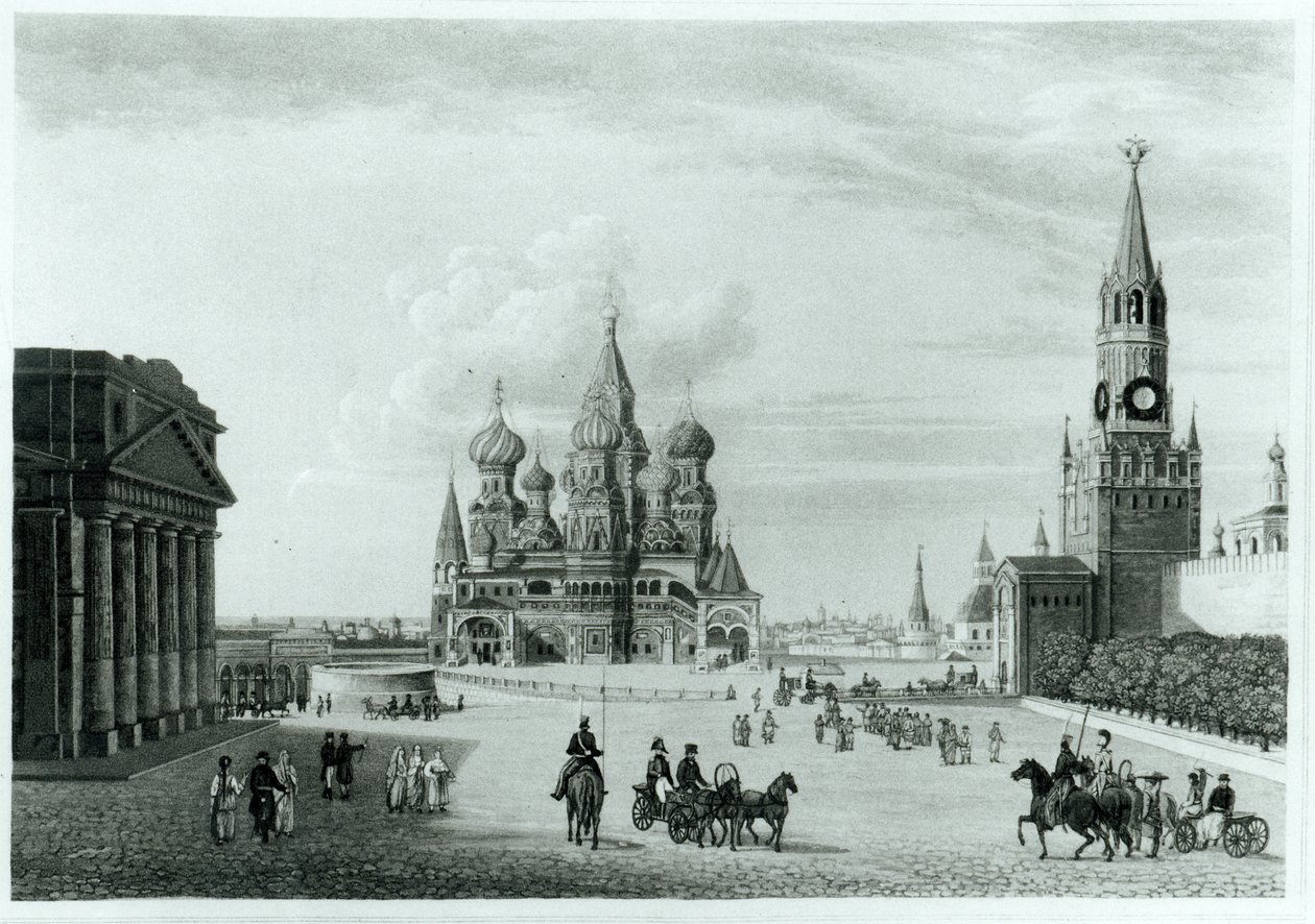 Rode Plein, Moskou, uit Het Karakter van de Russen en een Gedetailleerde Geschiedenis van Muscovy door Robert Lyall, gepubliceerd 1823 door English School