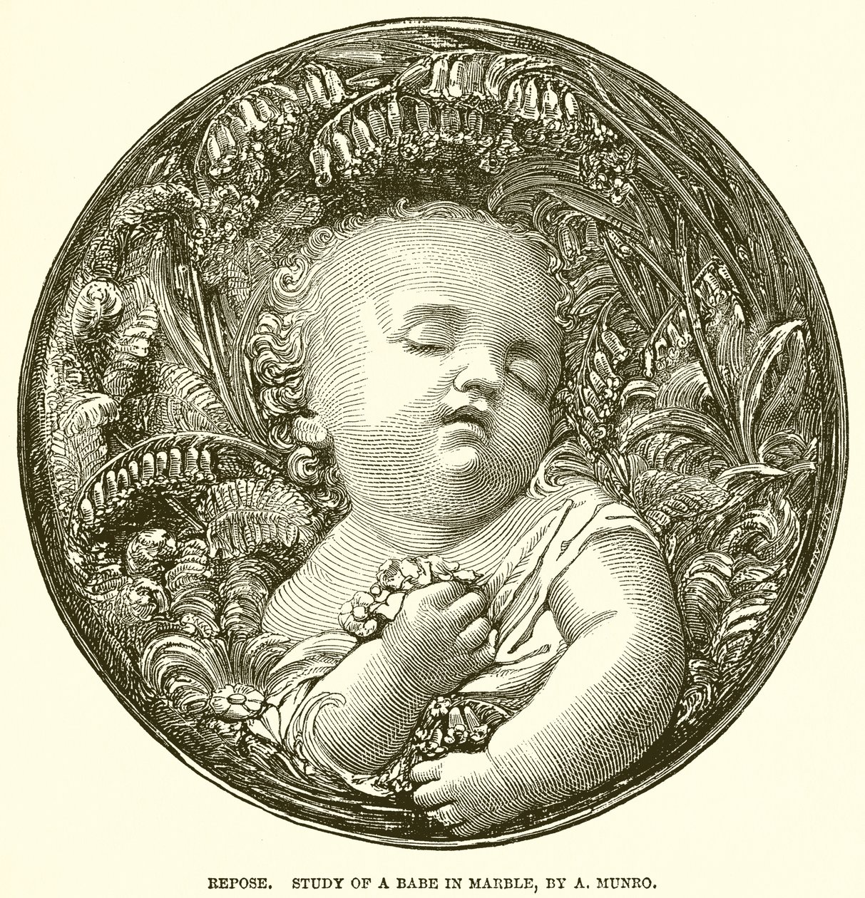 Rust. Studie van een baby in marmer, door A. Munro (gravure) door English School
