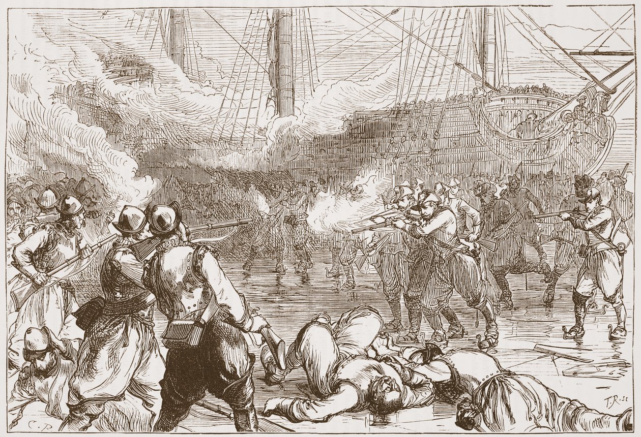 Terugdrijving van de Spaanse soldaten in Amsterdam, illustratie uit De Geschiedenis van het Protestantisme door James Aitken Wylie, 1878 door English School
