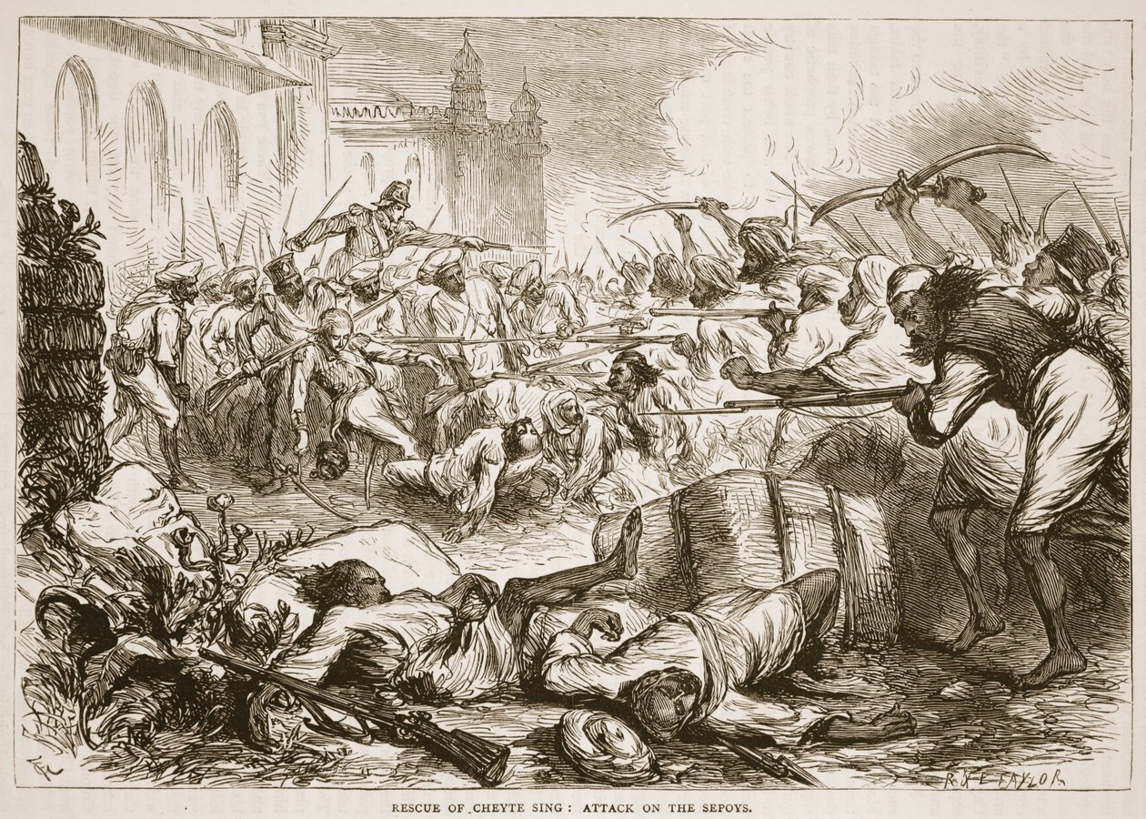 Redding van Cheyte Sing: aanval op de sepoys, illustratie uit Cassells Geïllustreerde Geschiedenis van India door James Grant, uitgegeven 1879 door English School