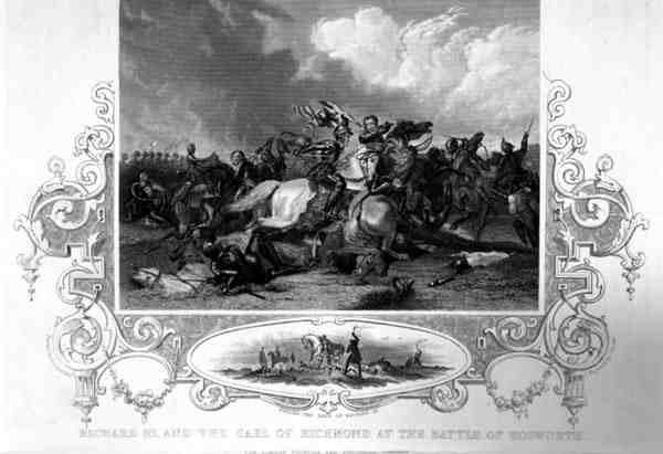 Richard III en de Graaf van Richmond bij de Slag om Bosworth door English School