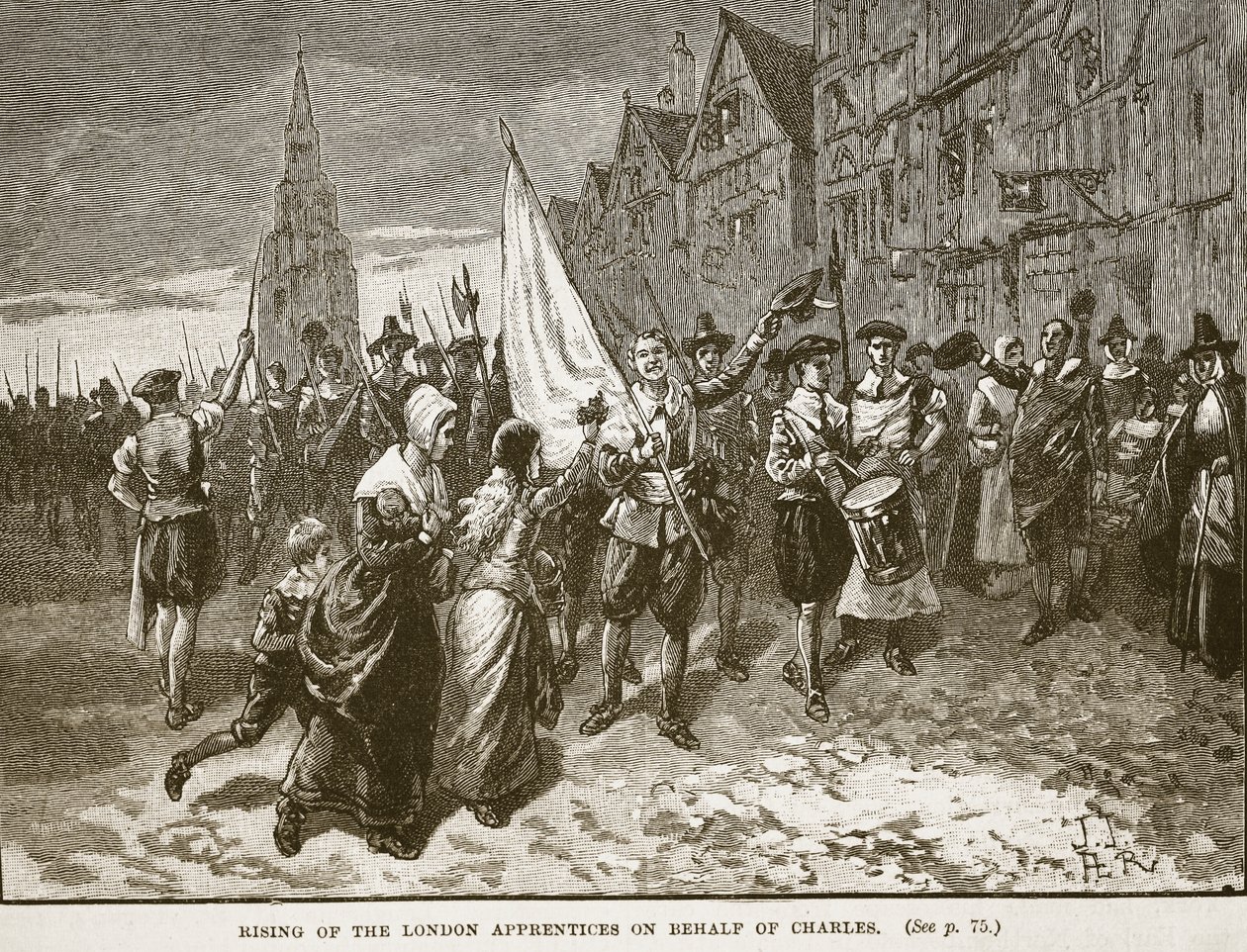 Opstand van de Londense leerlingen ten behoeve van Charles, illustratie uit Cassells Illustrated History of England door English School