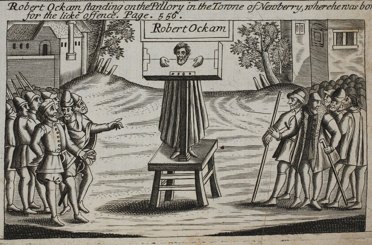 Robert Ockam staande op de schandpaal in de stad Newberry, waar hij geboren is, illustratie uit Handelingen en Monumenten van John Foxe, negende editie, uitgegeven 1684 door English School