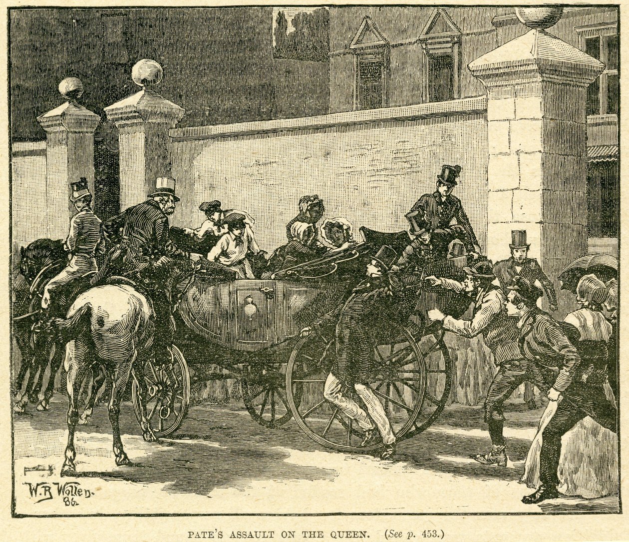 Robert Pates slaat de koningin buiten Cambridge House, illustratie uit Het leven en de tijden van koningin Victoria, Vol. II door Robert Wilson, 1888 door English School