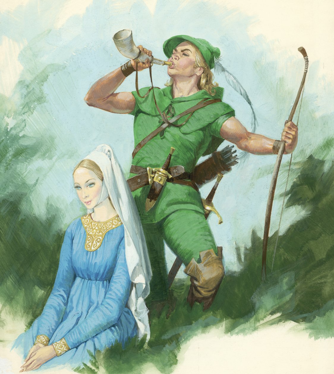 Robin Hood blazend op een hoorn (gouache op papier) door English School