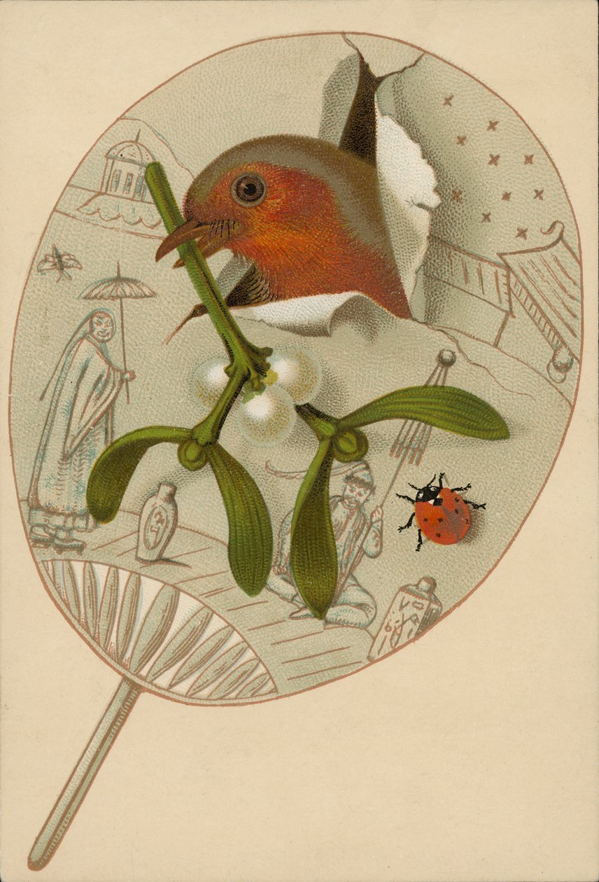 Roodborstje en maretak (chromolitho) door English School
