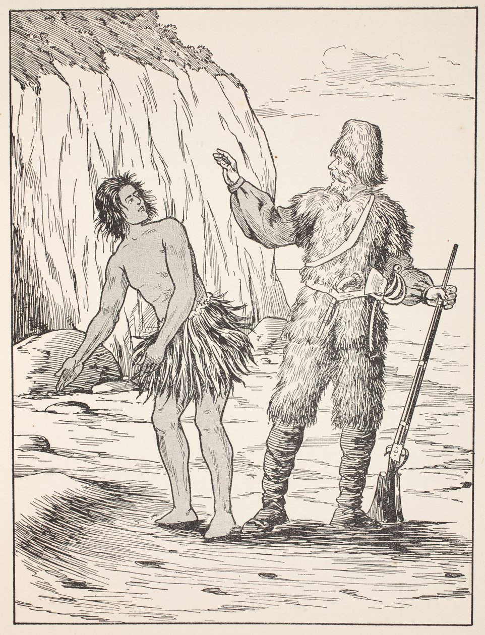 Robinson Crusoe en Vrijdag, illustratie uit Het verhaal van Robinson Crusoe: Een bewerking voor kinderen volgens Defoes taal, uitgegeven door Griffith Farran Browne & Co. Limited, Londen door English School