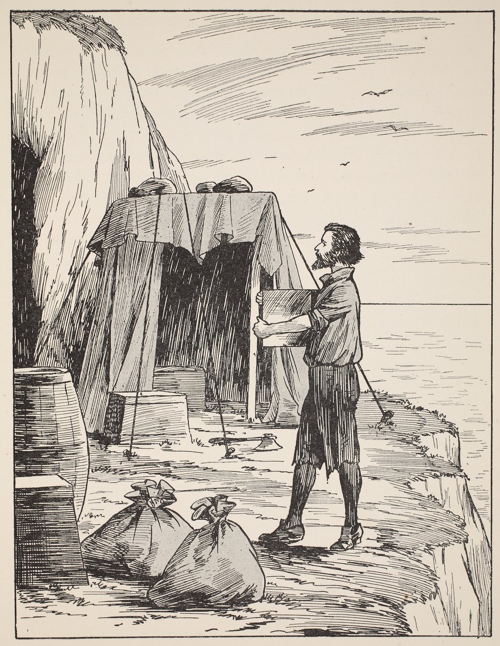 Robinson Crusoe bouwt zijn schuilplaats, illustratie uit Het verhaal van Robinson Crusoe: Een bewerking voor kinderen volgens Defoes taal, uitgegeven door Griffith Farran Browne & Co. Limited, Londen door English School