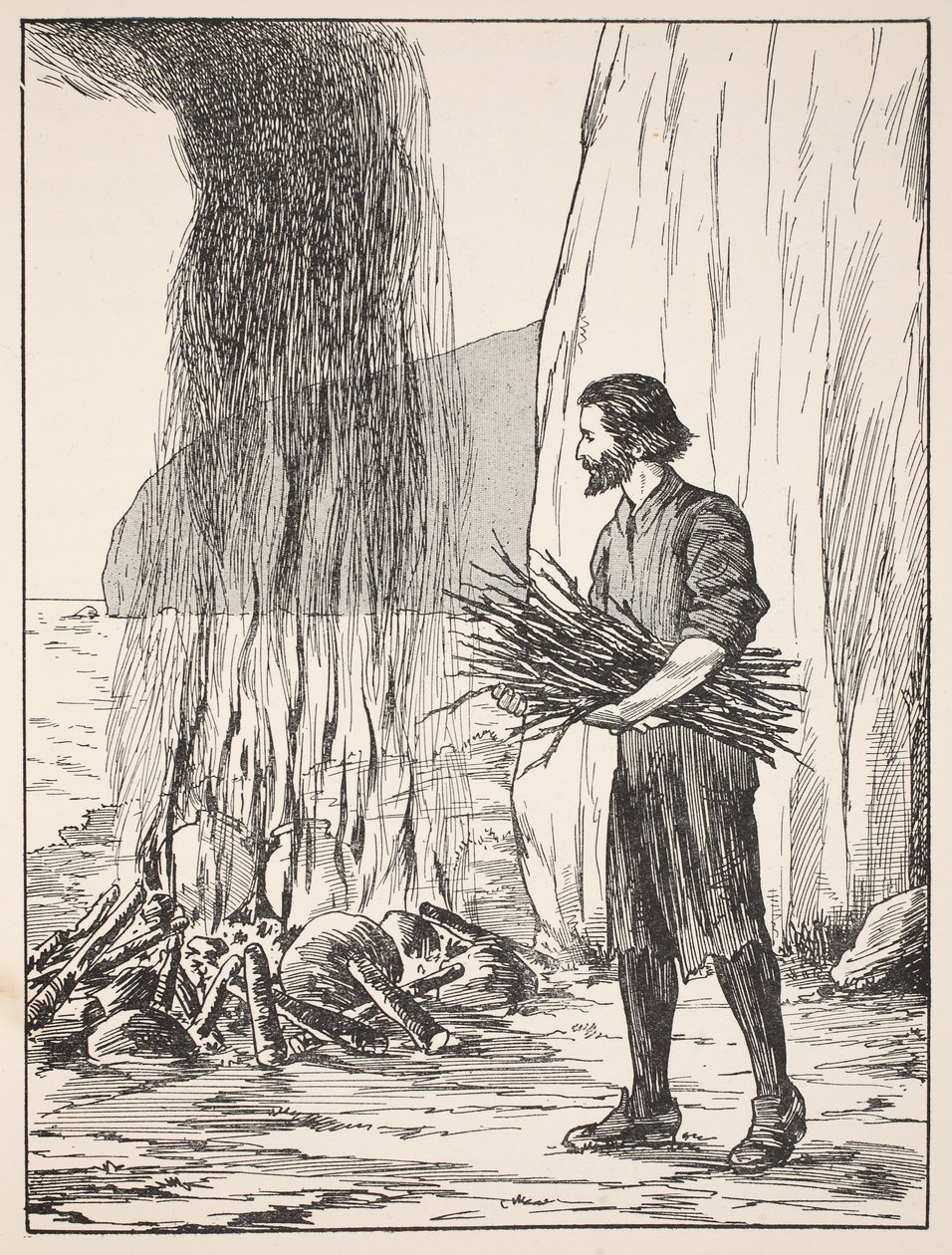 Robinson Crusoe kookt, illustratie uit Het verhaal van Robinson Crusoe: Een bewerking voor kinderen volgens Defoes taal, uitgegeven door Griffith Farran Browne & Co. Limited, Londen door English School