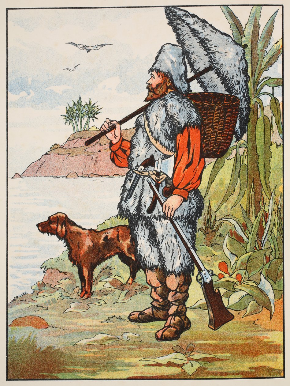 Robinson Crusoe, illustratie uit Het verhaal van Robinson Crusoe: Een bewerking voor kinderen volgens Defoes taal, uitgegeven door Griffith Farran Browne & Co. Limited, Londen door English School