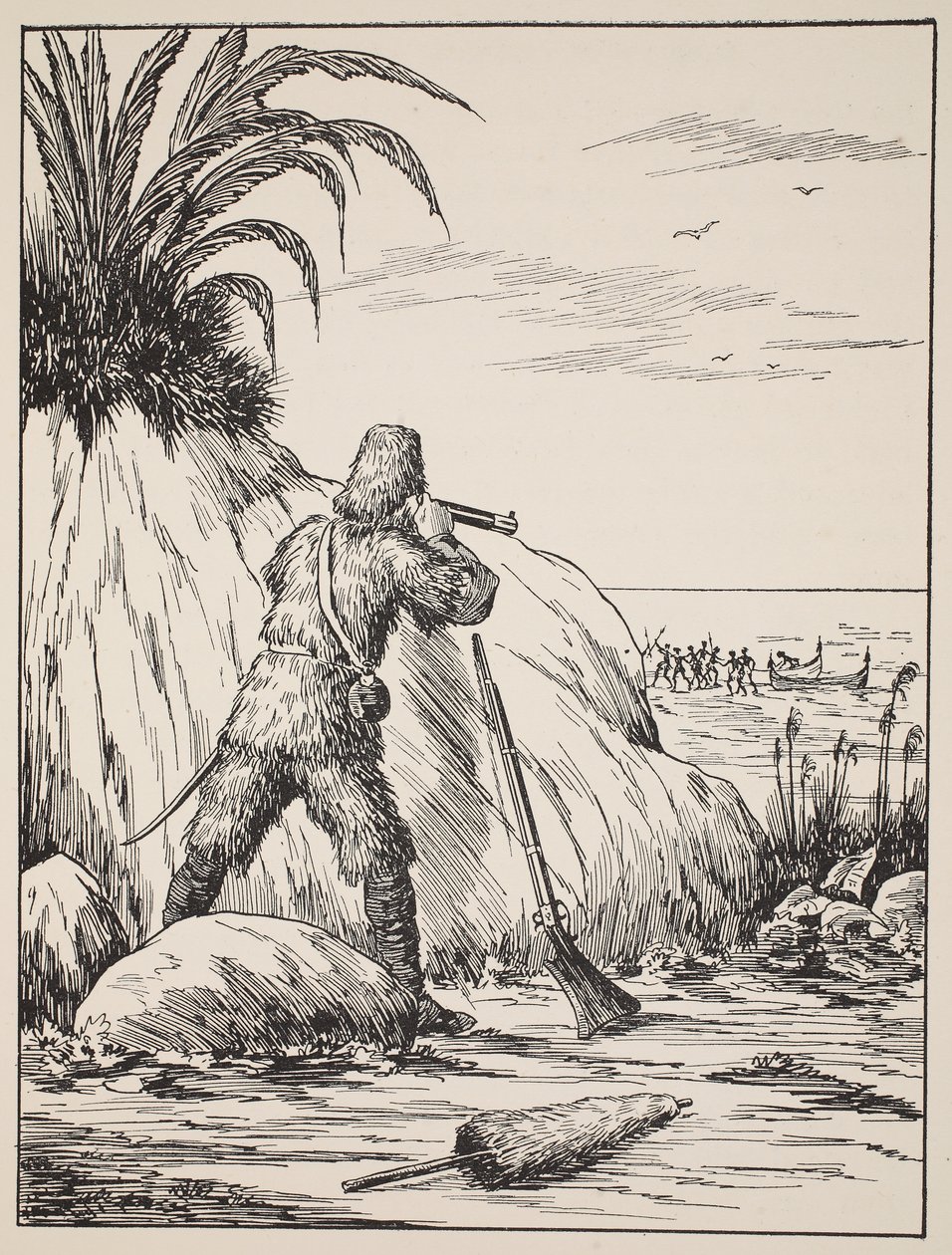 Robinson Crusoe, illustratie uit Het verhaal van Robinson Crusoe: Een bewerking voor kinderen volgens Defoes taal, uitgegeven door Griffith Farran Browne & Co. Limited, Londen door English School