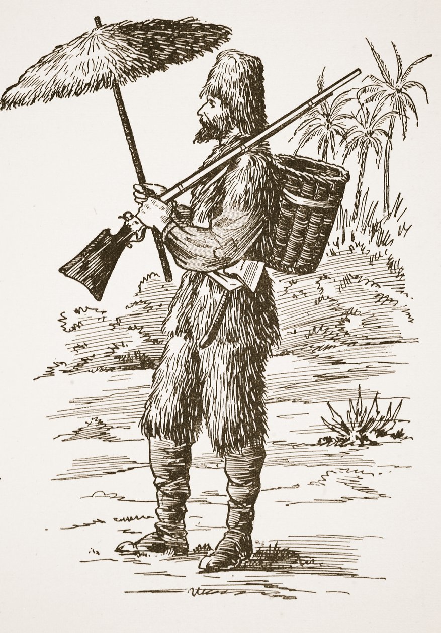 Robinson Crusoe, illustratie uit Het verhaal van Robinson Crusoe: Een bewerking voor kinderen volgens Defoes taal, uitgegeven door Griffith Farran Browne & Co. Limited, Londen door English School