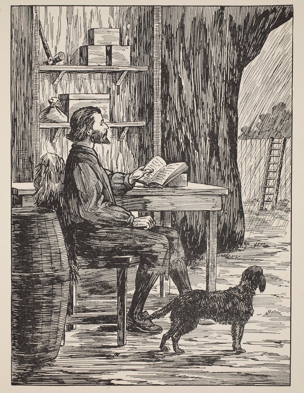 Robinson Crusoe in zijn grot, illustratie uit Het verhaal van Robinson Crusoe: Een bewerking voor kinderen volgens Defoes taal, uitgegeven door Griffith Farran Browne & Co. Limited, Londen door English School