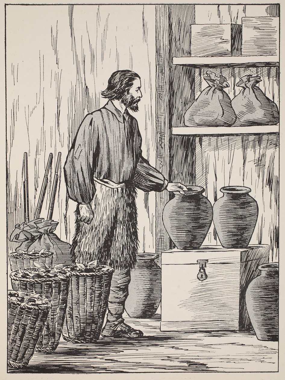 Robinson Crusoe in zijn voorraadkamer, illustratie uit Het verhaal van Robinson Crusoe: Een bewerking voor kinderen volgens Defoes taal, uitgegeven door Griffith Farran Browne & Co. Limited, Londen door English School