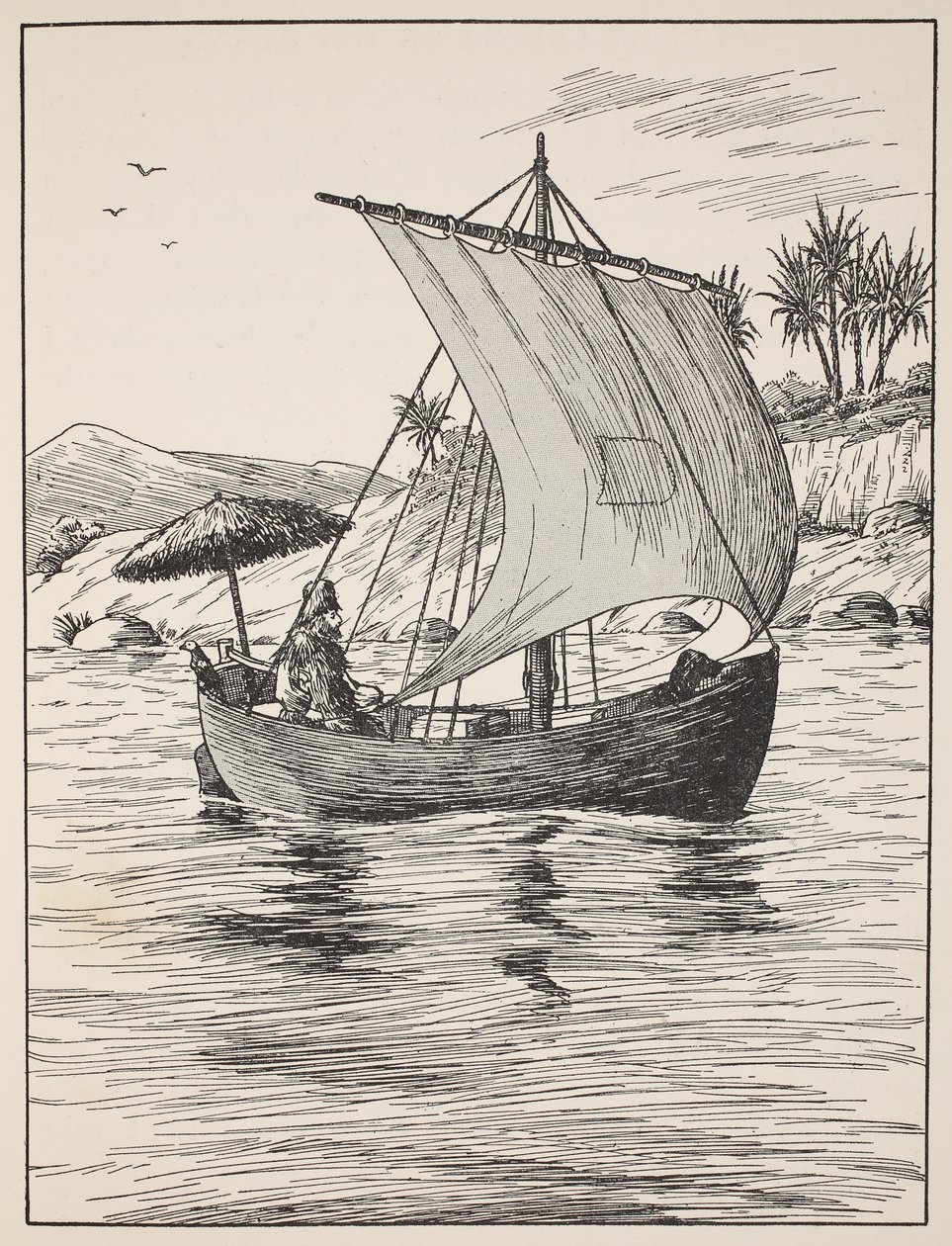 Robinson Crusoe op zijn boot, illustratie uit Het verhaal van Robinson Crusoe: Een bewerking voor kinderen volgens Defoes taal, uitgegeven door Griffith Farran Browne & Co. Limited, Londen door English School