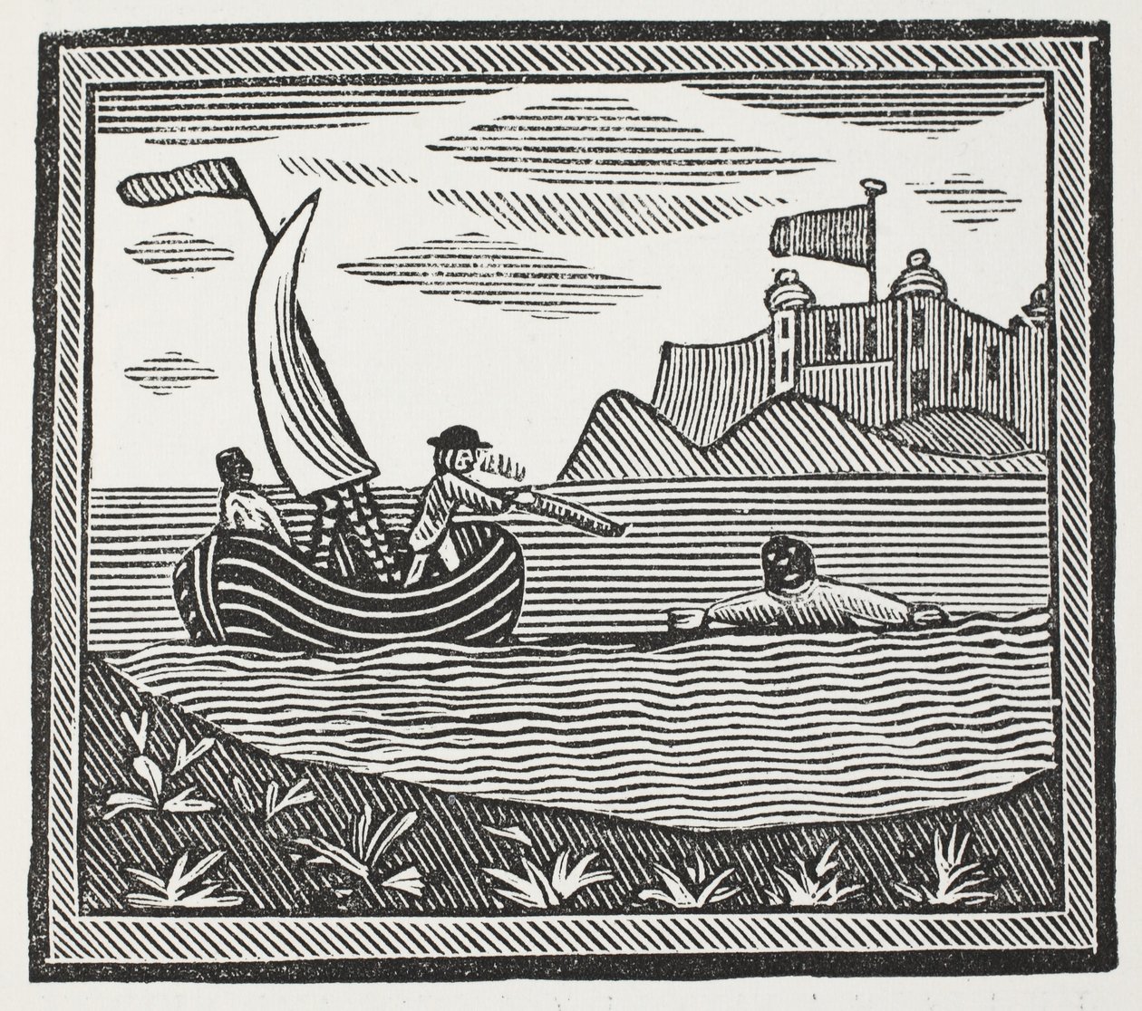 Robinson en Xury ontsnappen aan de Moren, illustratie uit Chap-books van de achttiende eeuw door John Ashton, uitgegeven 1882 door English School