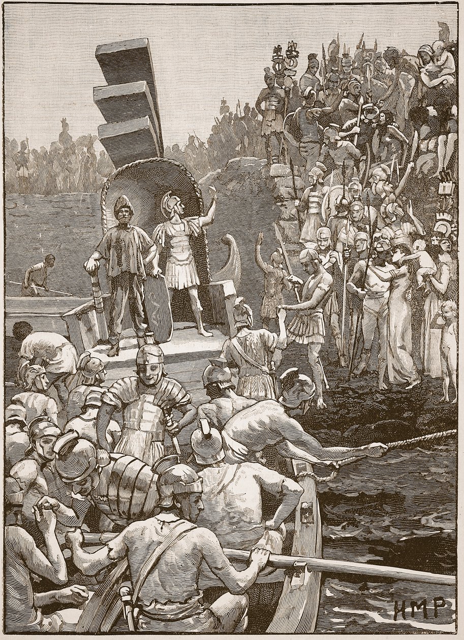 Romeinse soldaten verlaten Groot-Brittannië, illustratie uit Cassells Illustrated History of England door English School