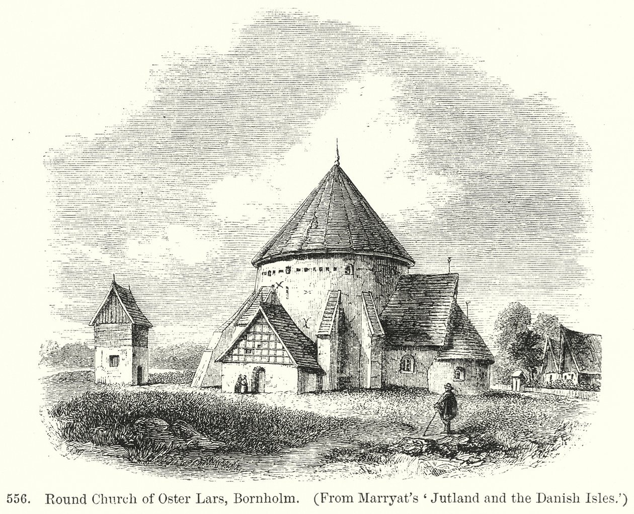 Ronde kerk van Oster Lars, Bornholm (gravure) door English School