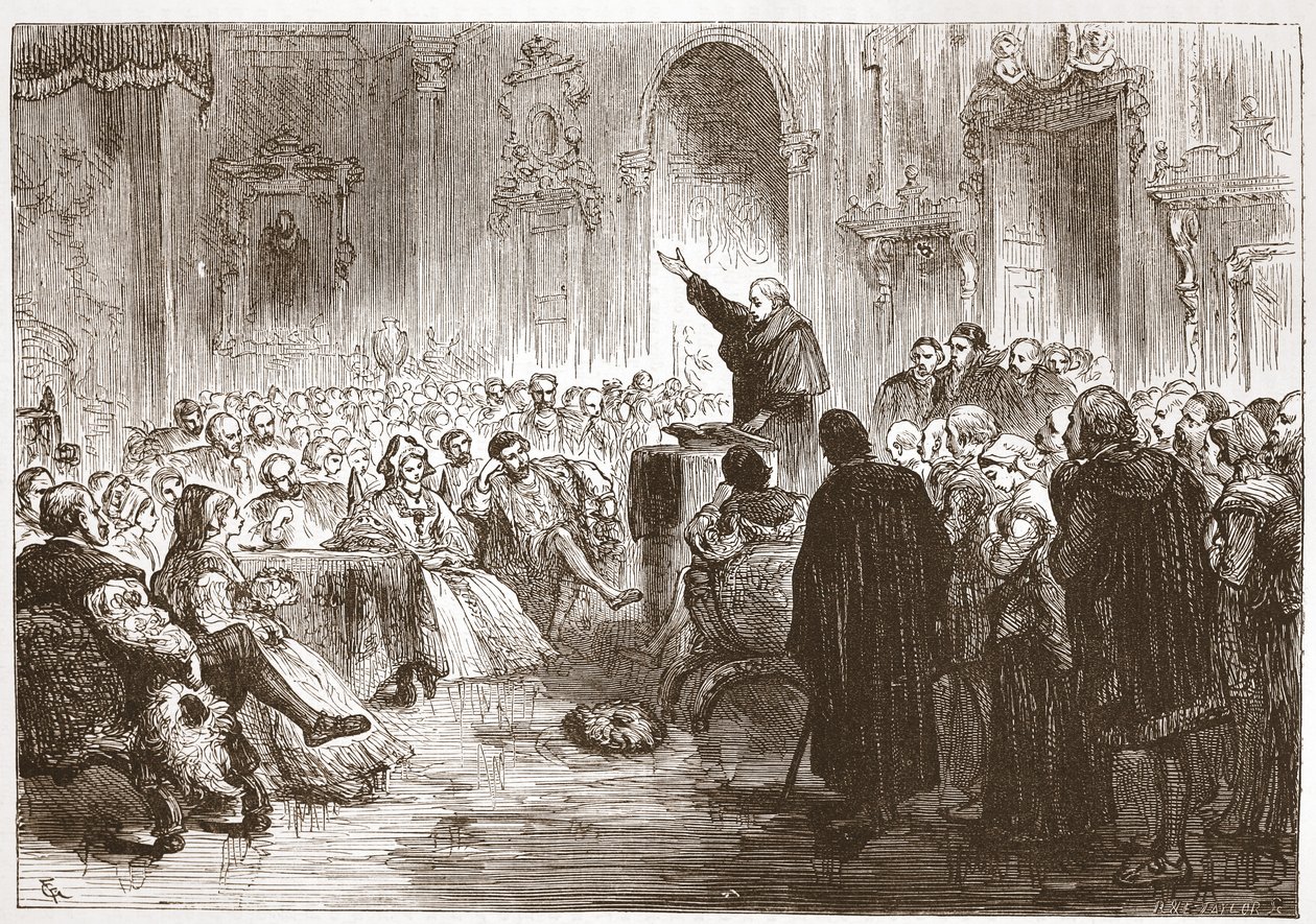 Roussel predikt in het Louvre, illustratie uit De Geschiedenis van het Protestantisme door James Aitken Wylie, gepubliceerd in 1878 door English School
