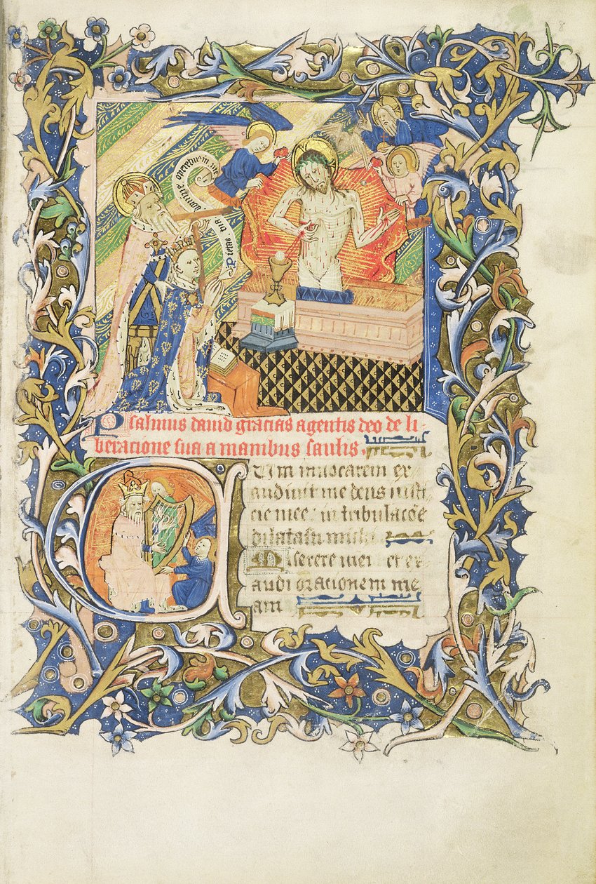 Gekroonde figuur ondersteund door grijs bebaarde heilige knielend voor een afbeelding van Pity, uit de Psalter van Humphrey Hertog van Gloucester, c.1420-30 door English School