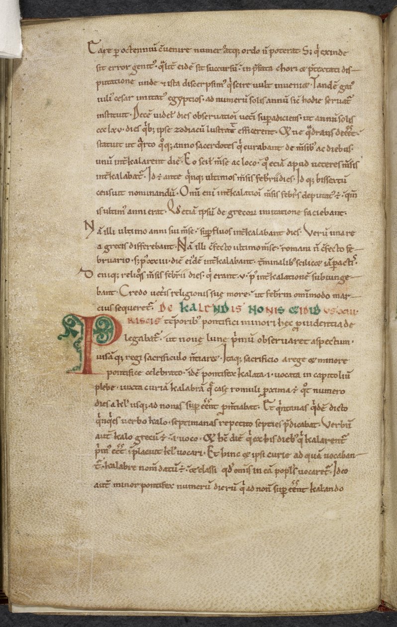 Royal 13. A.XI, f.47vInitial P.De temporum ratione.Bede de Eerbiedwaardige.Miscellany van werken over computus en astronomie.11e eeuw-12e eeuw door English School