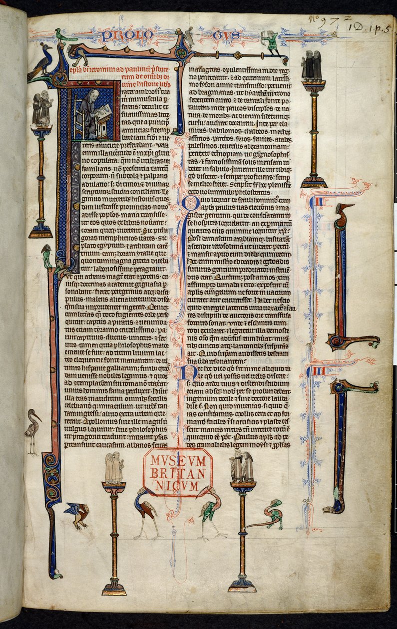 Royal 1 D I, f.1r, Jerome, monniken op zuilen, uit de Bijbel van William van Devon (perkament) door English School