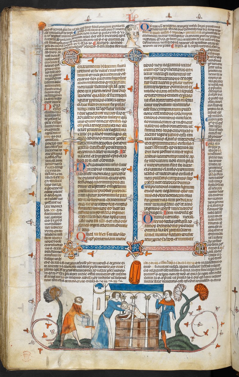 Royal MS 10 IV f.297v Het baden van een pestslachtoffer en marginale decoratie, illustratie uit 