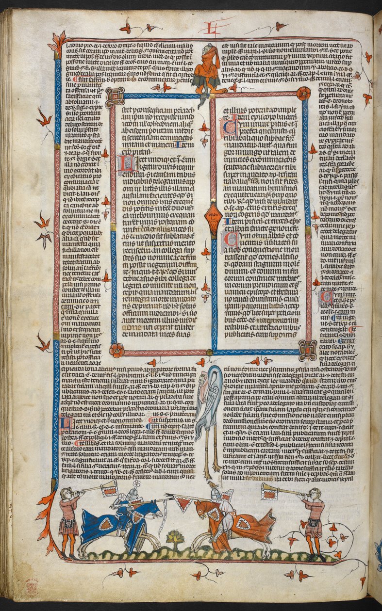 Royal MS 10 iv f.065v Ridders die strijden met marginale decoratie, illustratie uit 