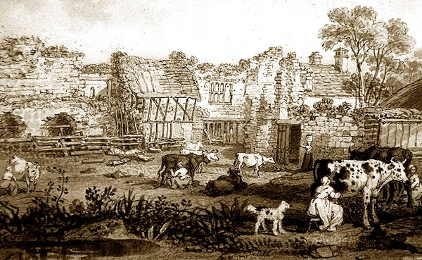 Vervallen Landhuis met Melkkoeien, c.1800 door English School