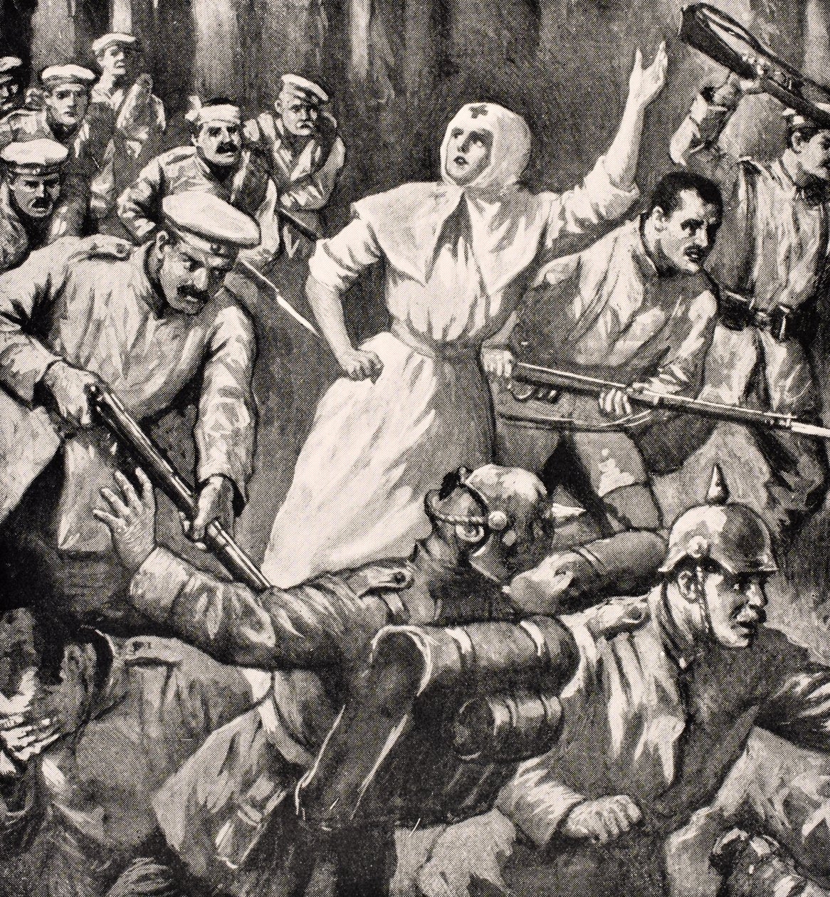 Russische verpleegster Mira Miksailovitch Ivanoff leidt mannen tegen de Duitsers, 1915, uit 