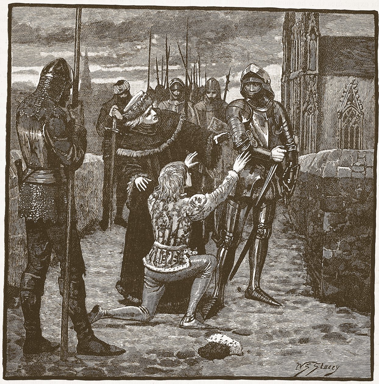 Rutland smeekt Clifford om zijn leven te sparen, illustratie uit Cassells Geïllustreerde Geschiedenis van Engeland door English School