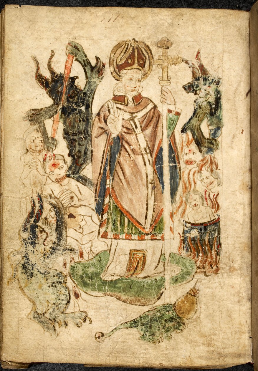 Saint Patrick, in bisschopskostuum, met een kruisbeeld en een zegenend gebaar, staat op het eiland Lough Derg, Donegal (Ierland), omringd door demonen en gekwelde zielen. Afbeelding uit ""Purgatorium van Saint Patrick"", Engels manuscript door English School