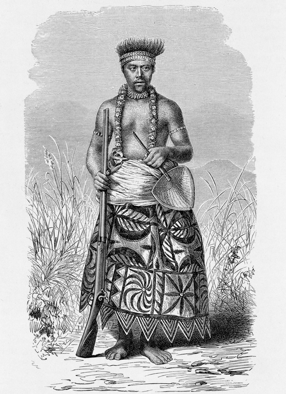 Samoaanse krijger in tapa kleding, uit 