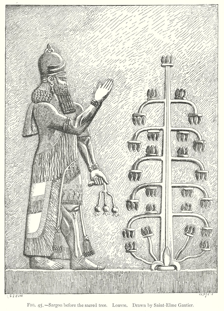 Sargon voor de heilige boom. Louvre (gravure) door English School