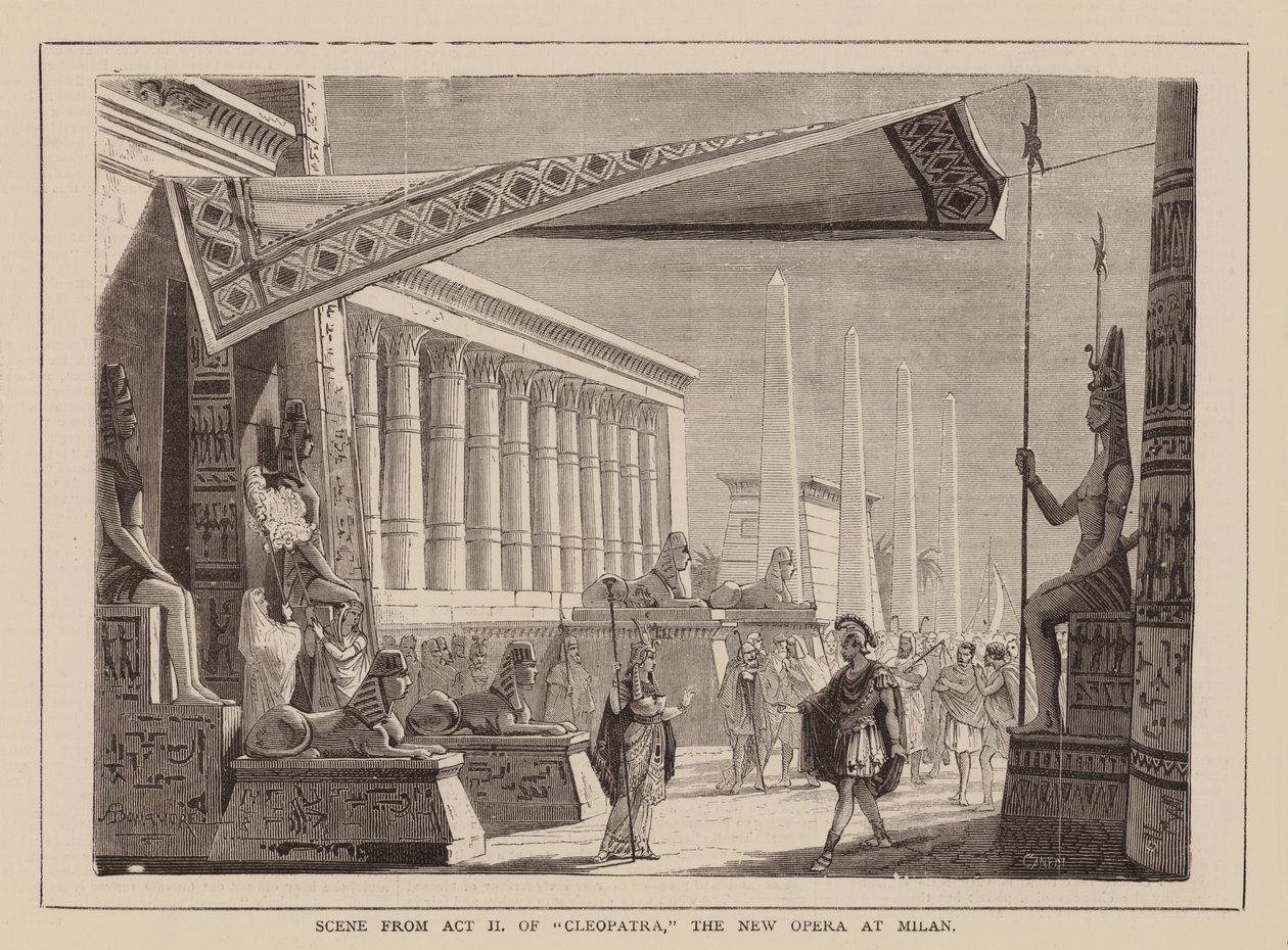 Scène uit akte II van "Cleopatra", De Nieuwe Opera van Milaan (gravure) door English School