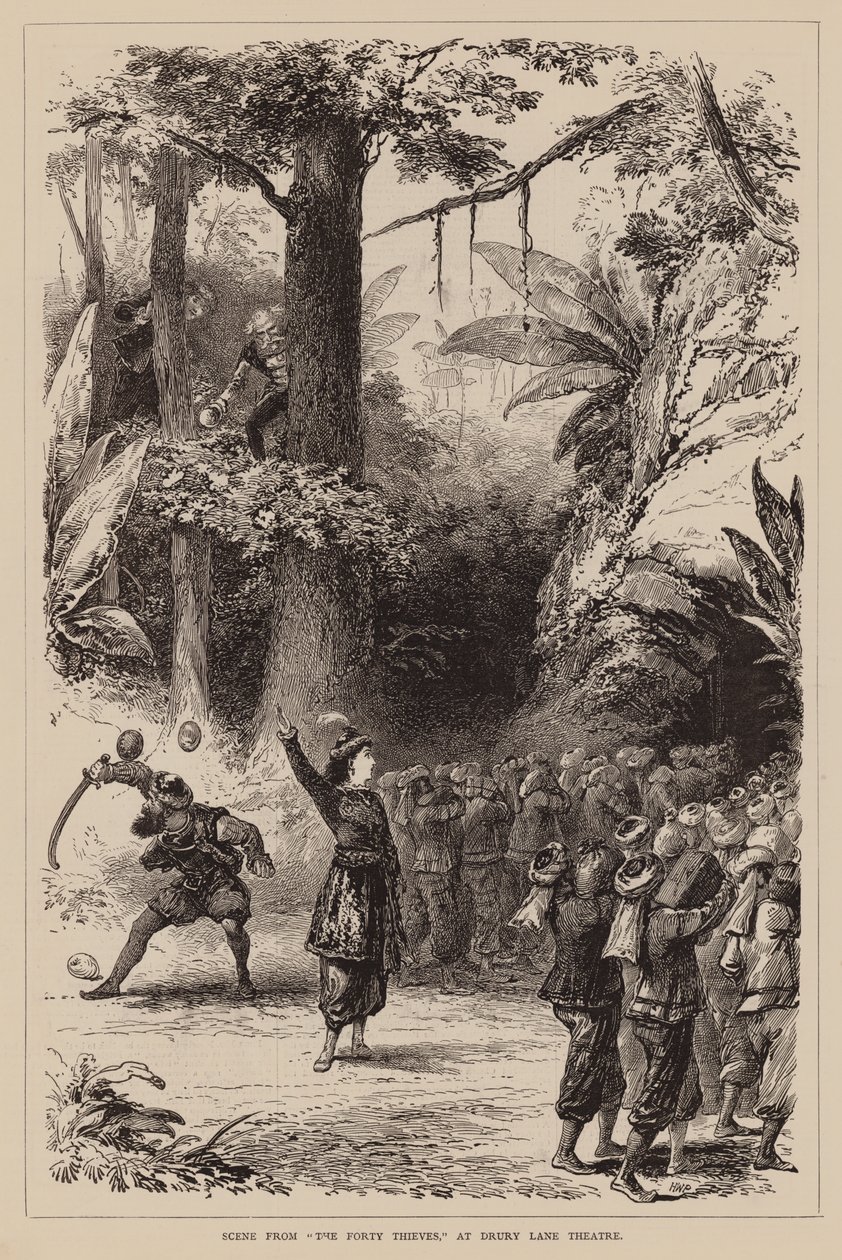 Scène uit "De Veertig Dieven," in Drury Lane Theatre (gravure) door English School