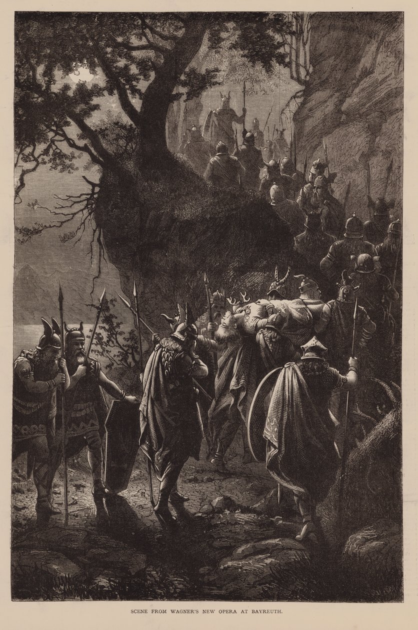 Scène uit Wagners nieuwe opera in Bayreuth (gravure) door English School