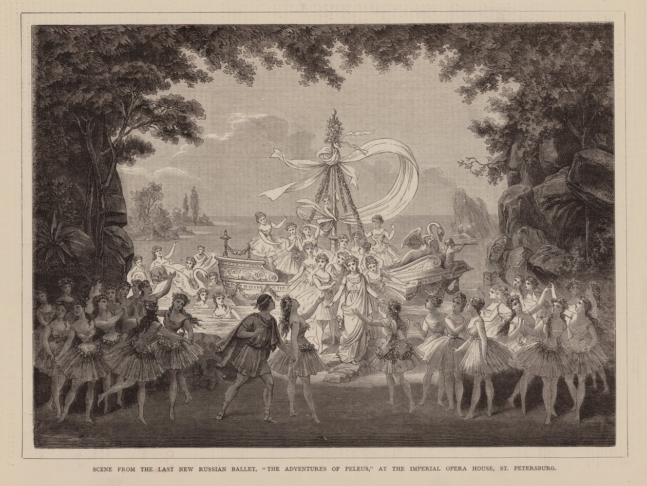 Scène uit het laatste nieuwe Russische ballet, "De avonturen van Peleus," in het keizerlijke operagebouw, Sint-Petersburg (gravure) door English School