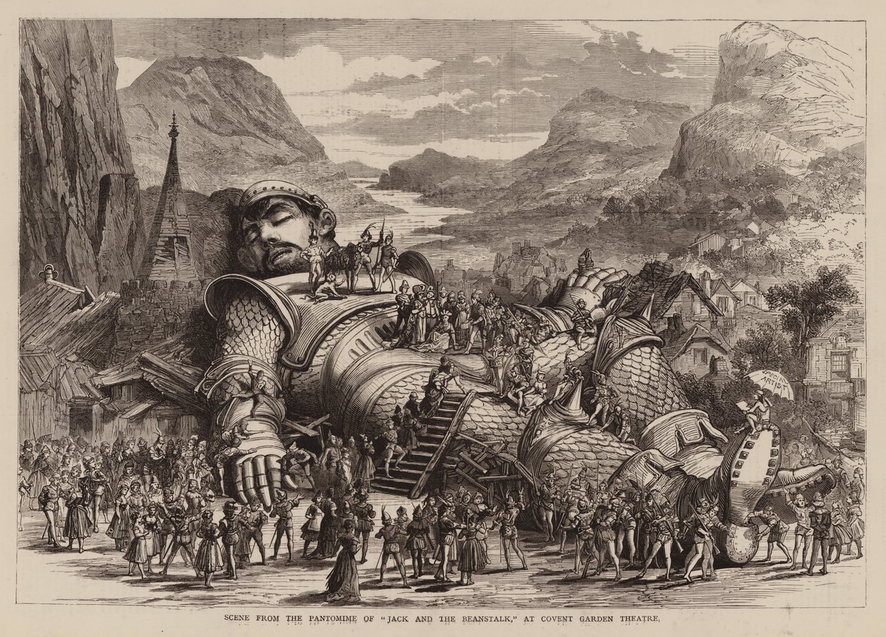 Scène uit de pantomime van "Jack and the Beanstalk," in Covent Garden Theatre (gravure) door English School