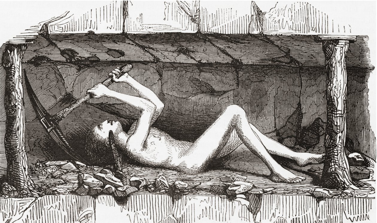 Scène in een Engelse kolenmijn, begin 19e eeuw (gravure) door English School