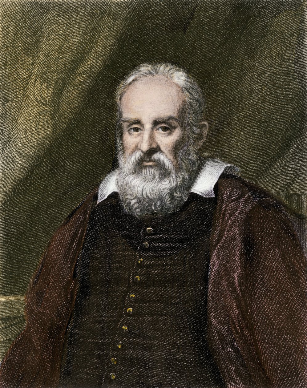 Wetenschappen en wetenschappers: Portret van Galileo Galilei dit Galilea, Italiaans astronoom (1564-1642). Kleurengravure. door English School