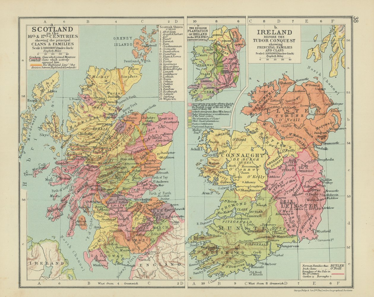 Schotland in de 16e en 17e eeuw met de belangrijkste Clans en Families (kleurenlitho) door English School
