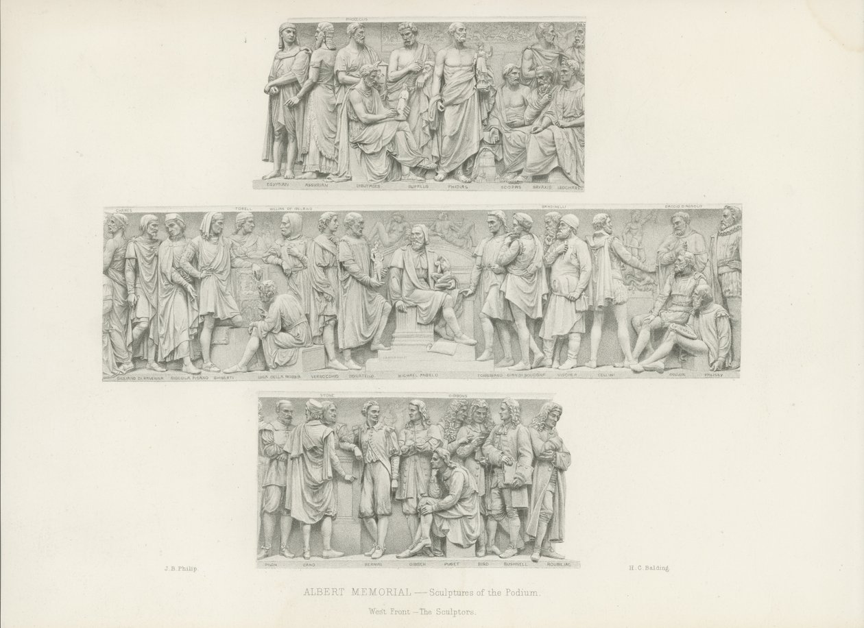 Sculpturen op het podium van het Albert Memorial (gravure) door English School